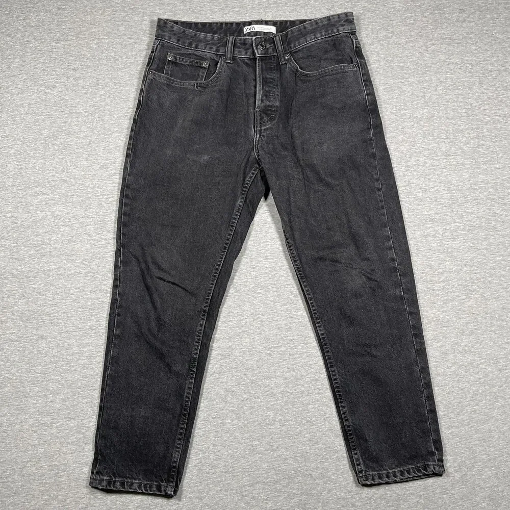 Zara Jeans Mens 31 (31x25) Black Charcoal Wash Tapered Relaxed Button Fly Denim